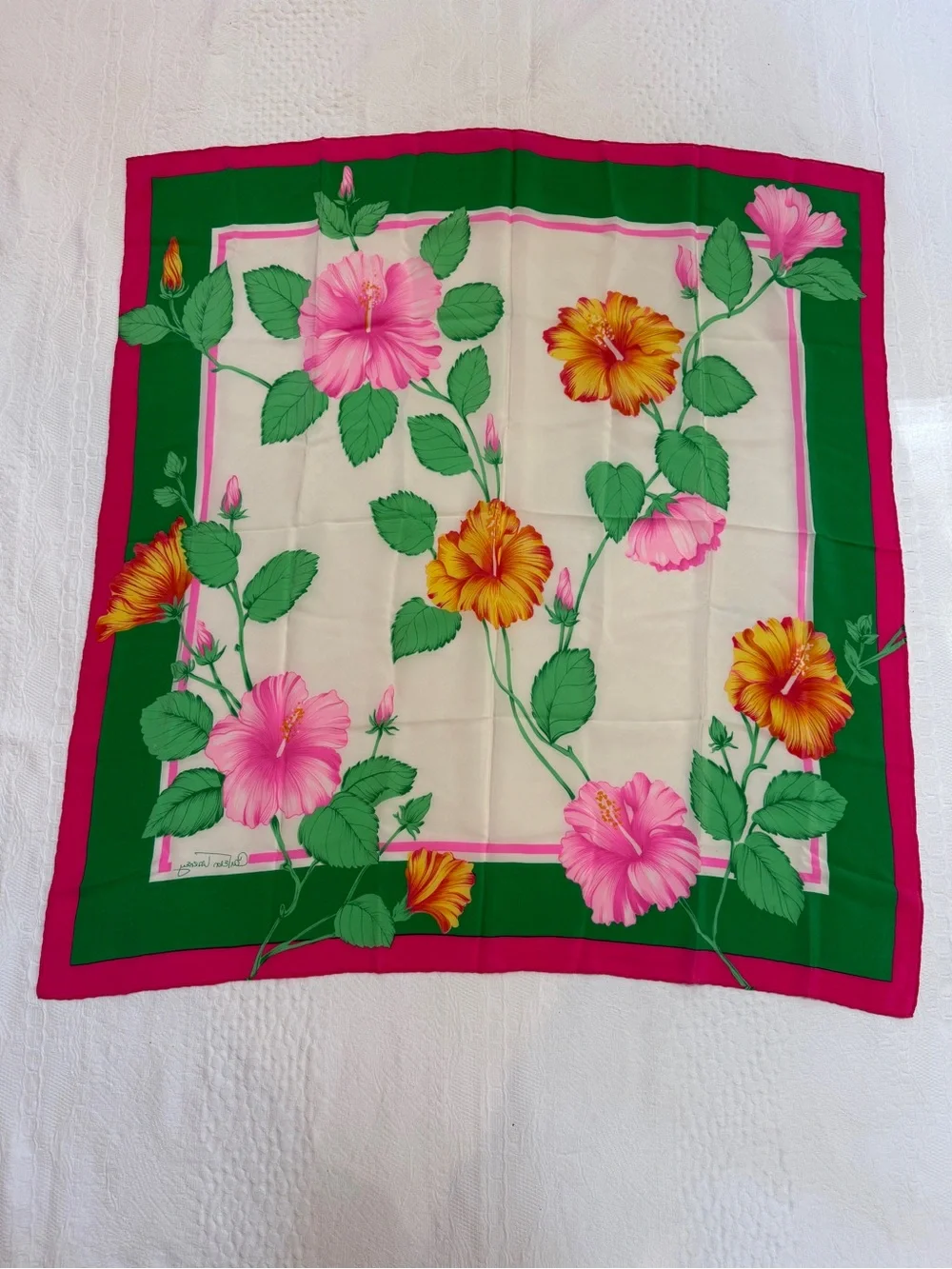 Carleton Varney Vtg Scarf Hibiscus Floral Pink Green Silk Feel Square Scarf